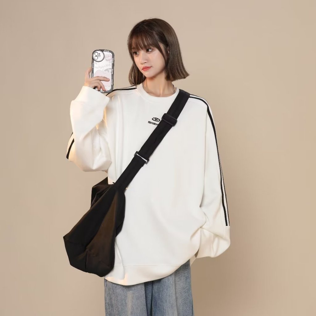 Áo Sweater Nỉ Bông Unisex Cho Nam Nữ Thể Thao Viền Sọc Form Rộng Oversize Mùa Thu Đông Đen Trắng Dài Tay Cá Tính Quảng C