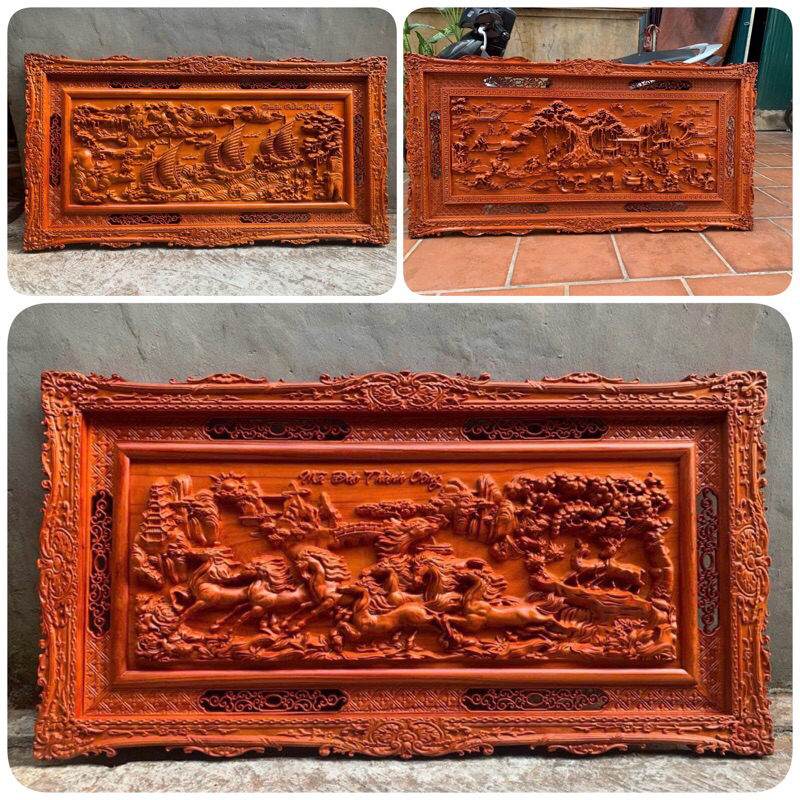 Tranh gỗ hương rộng 127cm khung hoa lan tây : mã đáo thành công, vinh quy bái tổ, đồng quê, thuận buồm xuôi gió,tùng hạc