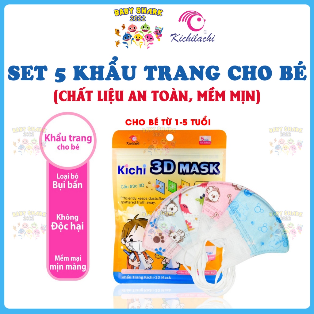[Set 5 chiếc] Khẩu trang trẻ em Kichilachi 3D Mask kháng khuẩn, an toàn cho bé từ 1-5 tuổi