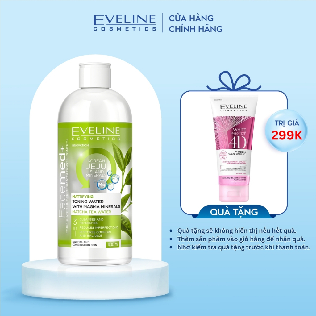 Nước Hoa Hồng Eveline Facemed+ Magma Chiết Xuất Trà Xanh Cấp Ẩm và Kháng Khuẩn Cho Da 400ML