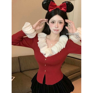 Áo len cổ tim phối bèo phồng, áo len nữ tay dài viens store