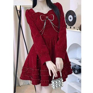 Đầm tiểu thư đỏ xoè lấp lánh bling bling dạo phố Noel,tết xinh Váy bánh bèo