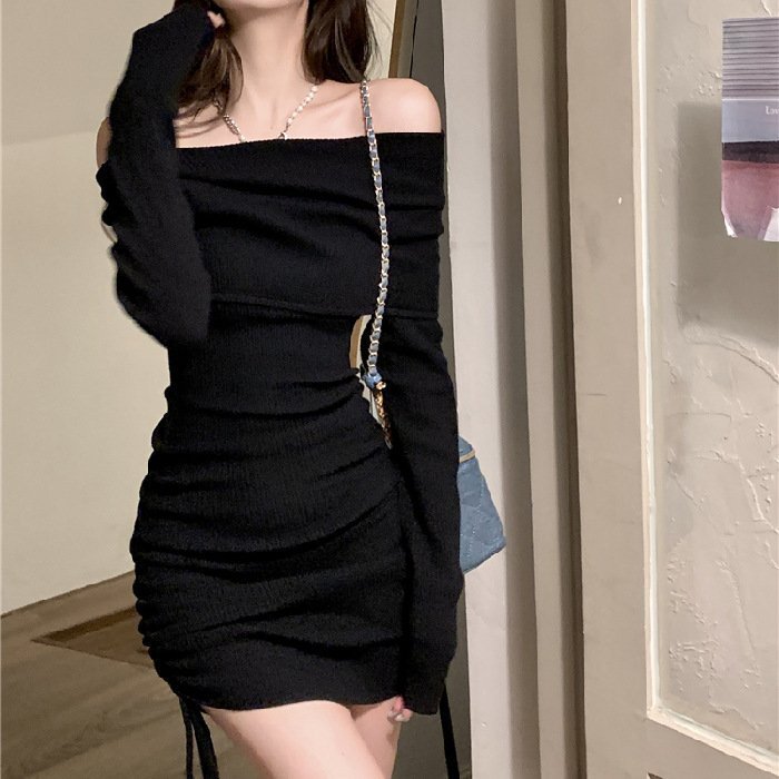 Đầm Váy Body Len Trần Vai Rút Hông Japan, Dáng Sexy Trendy Basic, Loại 1