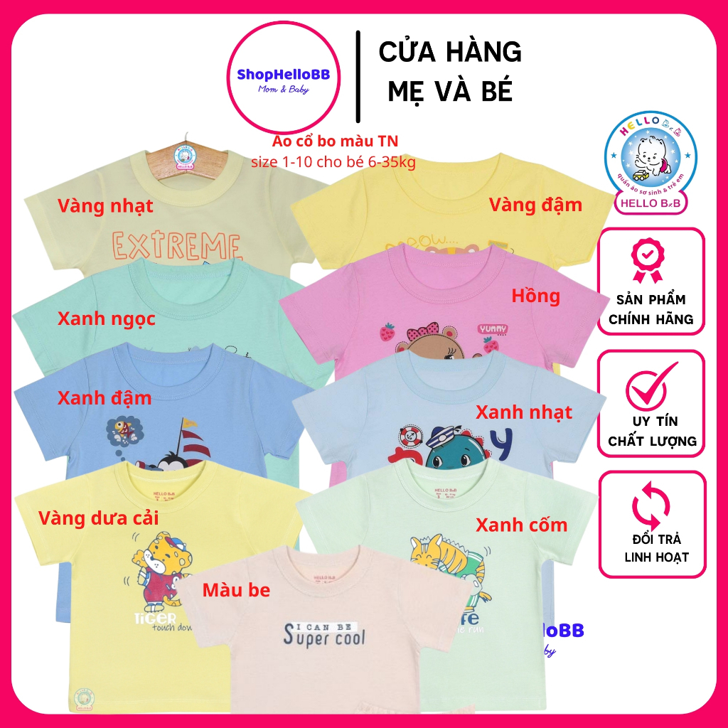 [Hello BB] Size bé 6-35kg Áo cổ viền bo tay ngắn màu Hello B&B | ShopHellobb