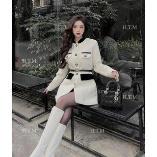 Áo dạ tweed dáng dài kèm đai hình thật