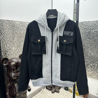 Áo khoác bò mũ nam nữ túi hộp cúc ngực in mác chữ D2 mũ nỉ xám 2 lớp AK140P