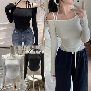Áo thun nữ dài tay trễ vái 2 dây vai kiểu vạt chéo chất thun tăm ôm body tôn dáng đen trắng, Áo nữ kiểu croptop hàn quốc