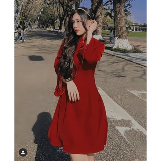 Đầm Nhung Trung Hoa Cao Cấp Tay Loe Cột Nơ