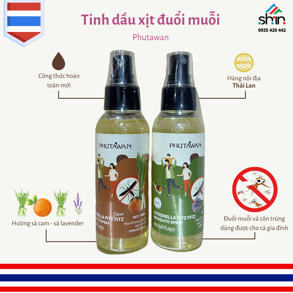 Tinh Dầu Xịt Chống Muỗi Xịt Đuổi Muỗi, Côn Trùng Cho Mẹ Và Bé Phutawan Citronella 100ML