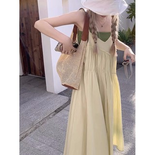 𝗺𝗶𝗲 𝘀𝘁𝘂𝗱𝗶𝗼 - SẴN SHIP NGAY Đầm 2 dây vàng xanh kèm áo xanh trong dáng dài xoè năng động