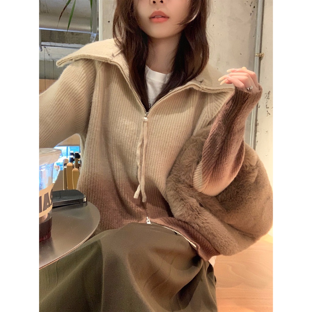 𝗺𝗶𝗲 𝘀𝘁𝘂𝗱𝗶𝗼 - SẴN Áo khoác len mix màu loang đậm nhạt khoá zip 2 chiều kéo dây