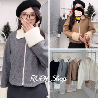 Áo khoác dạ ép khóa kéo cổ bẻ phối lông cừu siêu xinh Hàn Quốc