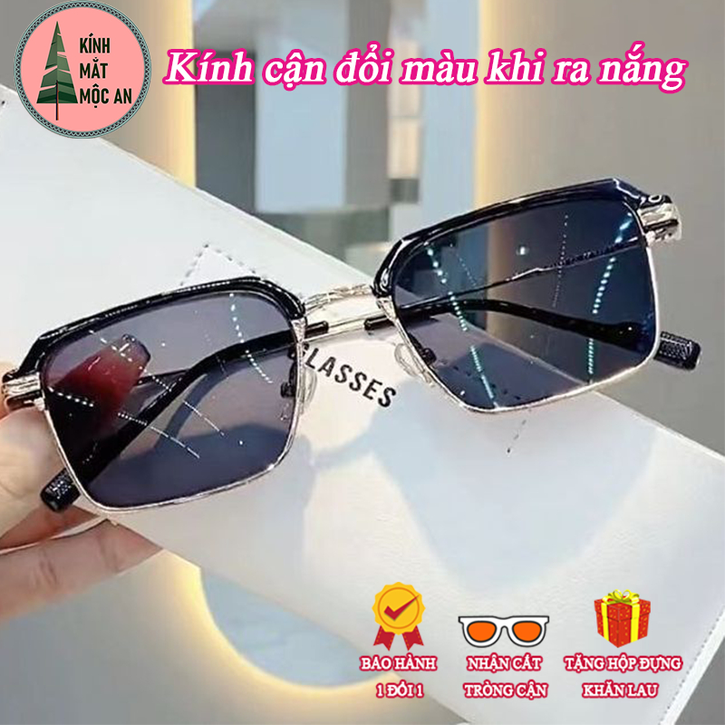 Gọng kính cận MOCAN C11 kính nửa gọng mắt kính cận có độ đổi màu chống ánh sáng xanh kính chữ nhật nam nữ kim loại