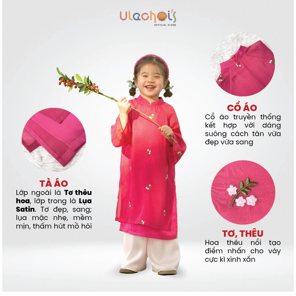 Áo dài cách tân cho bé gái sét mẹ và bé tết 2024 vải tơ lụa 4 tà size đại màu hồng cánh sen Mã S3 ULACHOI OFFICAL