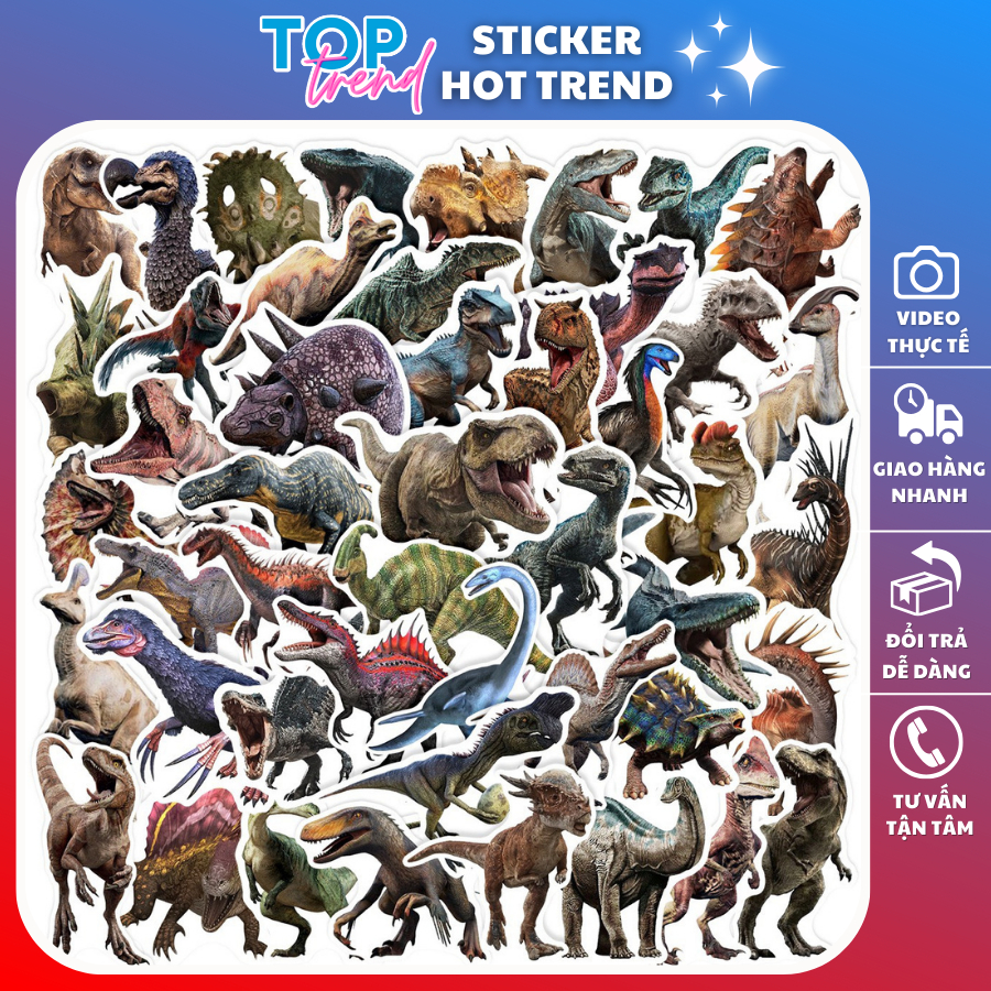 Sticker cute SET 50 TẤM khủng long, hình dán mũ bảo hiểm, trang trí sổ, dán xe, laptop giá rẻ, chống thấm nước