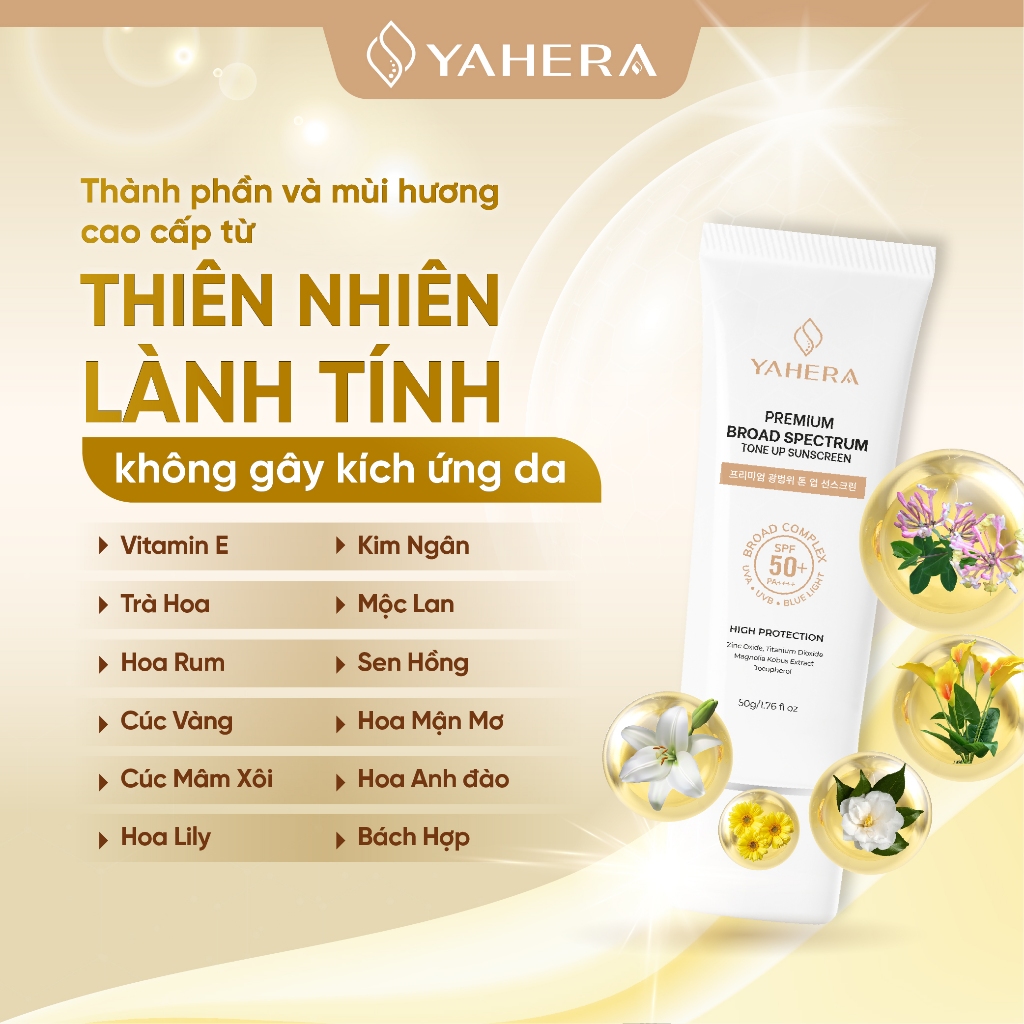 Kem chống nắng phổ rộng nâng tone 5 màng lọc chống nắng YAHERA Premium Sun Cream Broad Spectrum SPF50+ PA++++ 50g