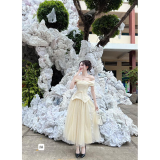 Set Váy nữ tacta trễ vai dáng dài, đầm nữ thiết kế dự tiệc màu be kem ăn cưới sang chảnh