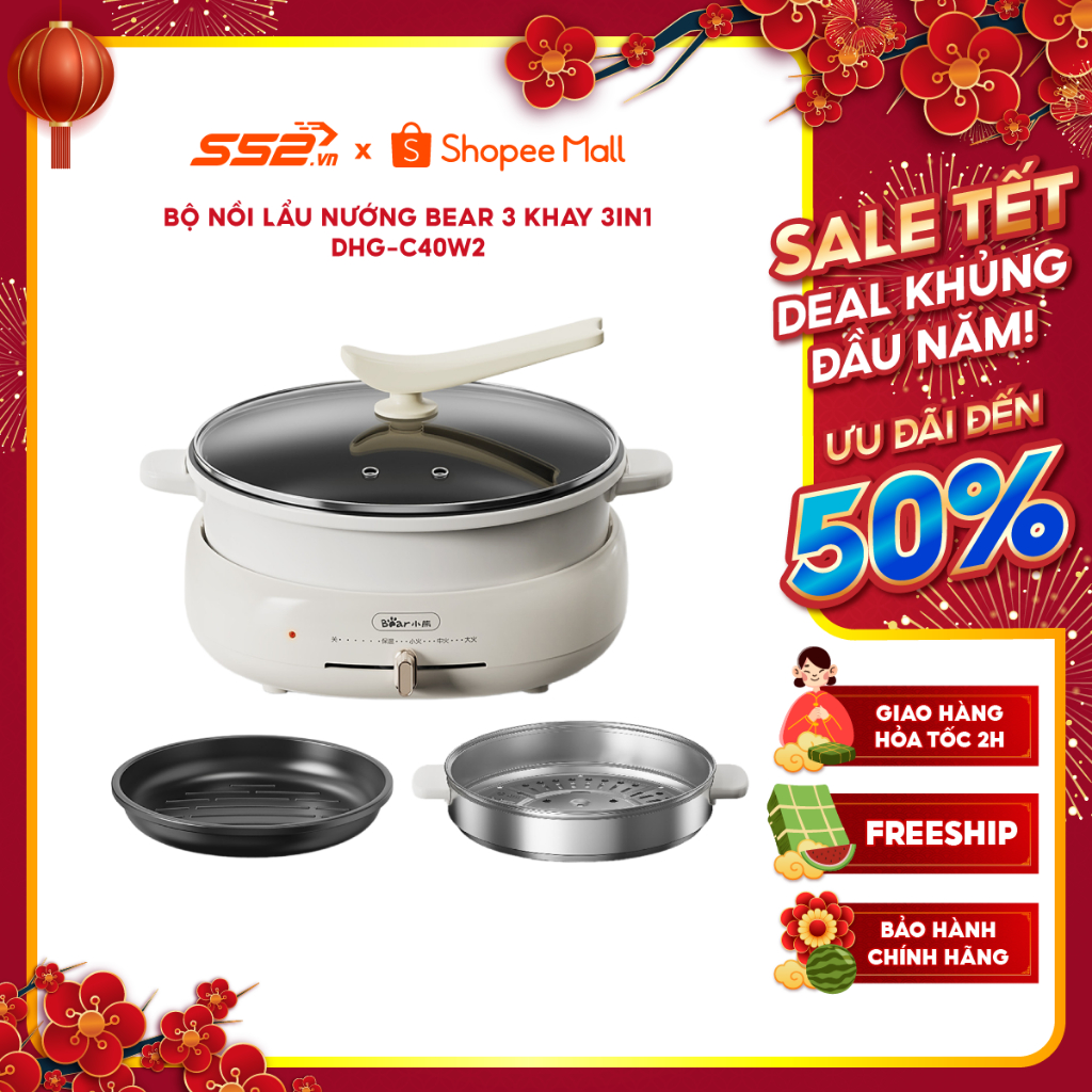 Bộ Nồi Lẩu Nướng Bear 3 khay 3in1 DHG-C40W2 - Hàng Chính Hãng