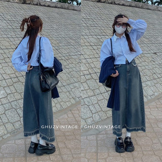 A00055 sơ mi kẻ croptop tay phồng
