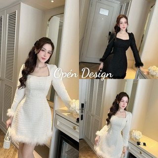  VÁY ĐẦM DẠ TWEED CỔ THANG DÀI TAY ĐIỂM LÔNG VŨ 2 MÀU ĐEN TRẮNG 