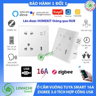 Ổ cắm điện vuông âm tườngTuya Zigbee 3.0 công suất 16A tích hợp cổng sạc USB chức năng lên được HomeKit