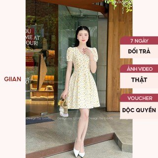 Váy hoa nhí ngắn cổ v tay bồng thiết kế dây rút nhún eo tôn dáng chính hãng Giian - VA0324