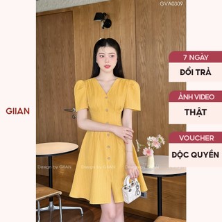 Váy xòe xẻ tà tay bồng phồi cổ v thiết khuy cách điệu thương hiệu Giian- VA0309