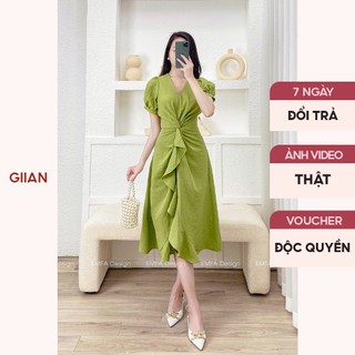 Váy đũi đi biển dáng dài phối tay bồng cổ v thiết đan eo xẻ tà chính hãng Giian - VA0137XK