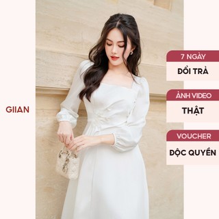 Váy dáng dài lụa trắng thiết kế nhún eo phối cổ vuông cách điệu chính hãng Giian - VA0127