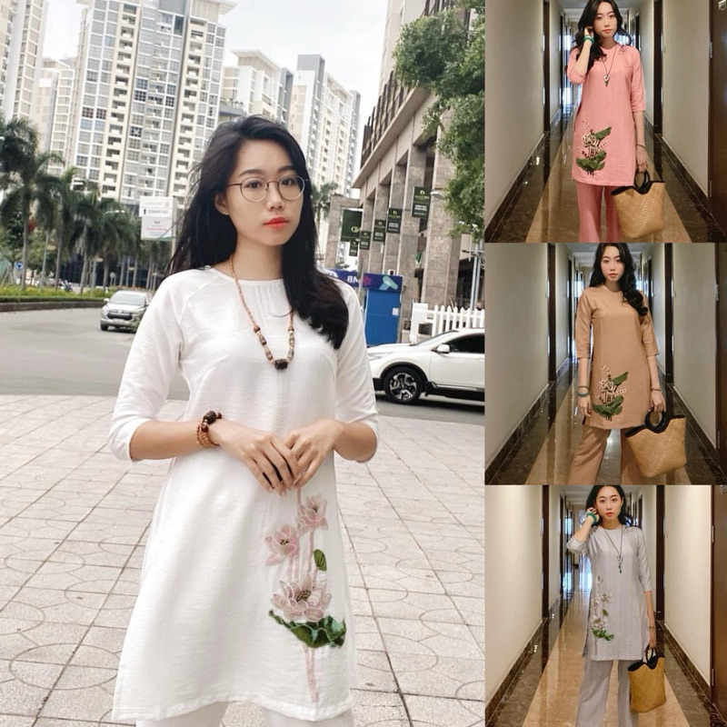 Set Áo Dài Cách Tân Tà Lỡ Lụa Thêu Đắp Hoa Sen Cao Cấp Phật Tử Đi Chùa Nhiều Màu [BEST SELLER]