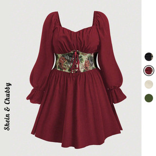 [Bigsize 75-120kg / Order] Đầm xòe tay bồng phối corset hoa đính liền eo chun cúp ngực bồng cổ điển thanh lịch