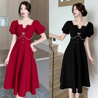Đầm nữ xòe tay phồng ngắn kiểu dáng viền ngực tiểu thư dự tiệc