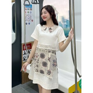 Đầm liền form babydoll phối họa tiết hoa văn