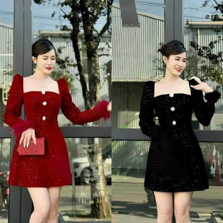 Đầm Nữ nhung kim sa kiểu dáng tay dài phối nút dáng xòe sịn sò