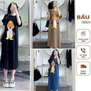 Đầm váy bầu mùa hè siêu mềm mát v698-đầm bầu xinh dáng suông in hình chim cánh cụt dễ thương mặc bầu và sau sinh fresize