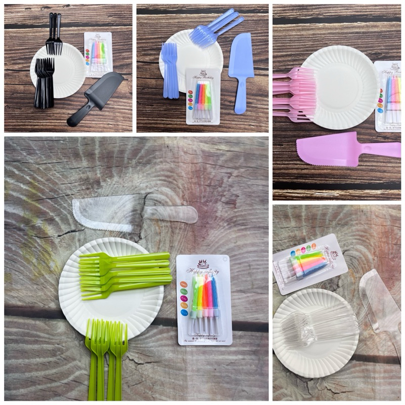 Combo 10 Set Đĩa Giấy + Xiên + Dao + Nến Xoắn Thường