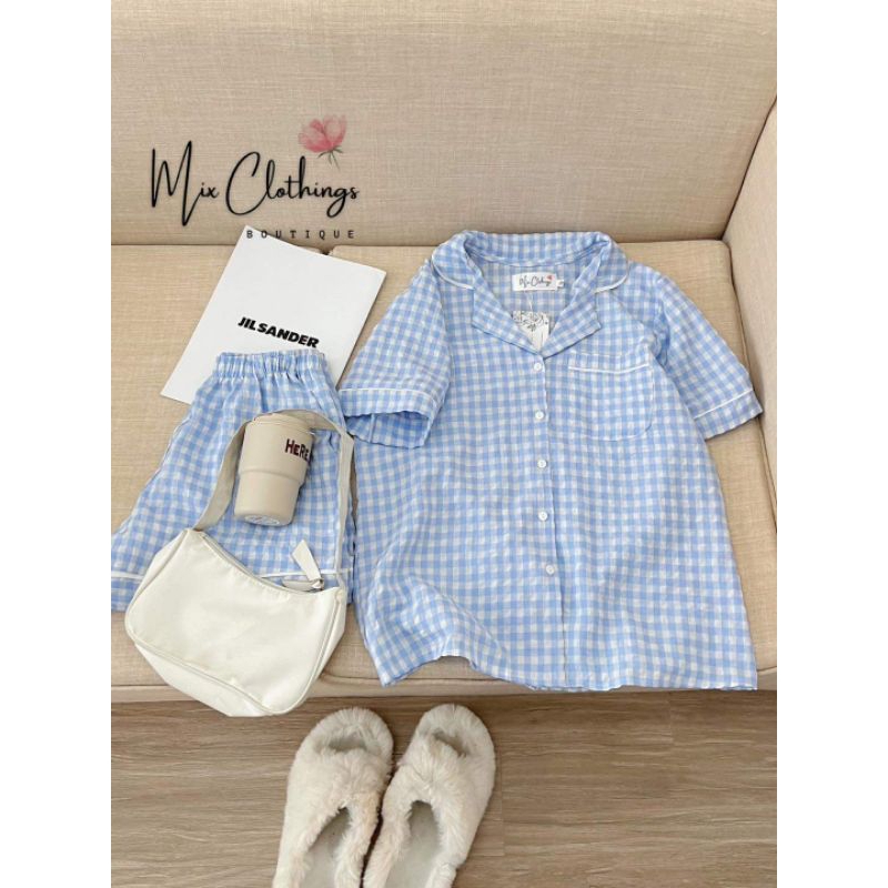 Sét bộ đùi Pyjama kẻ xốp cổ vét túi gấu.