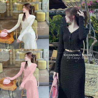 Set áo tay dài cổ tim kèm chân váy dài chất liệu ren mềm mại dịu dàng cho nàng đi chơi và dạo phố