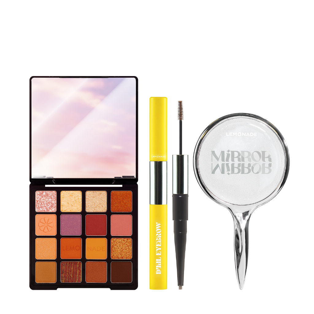 Combo trọn bộ Lemonade gồm:01 Bảng mắt Aesthetic 20.8g, 01 Chì kẻ mày 2 đầu 2.75g và 01 Gương Mirror Mirror 40g