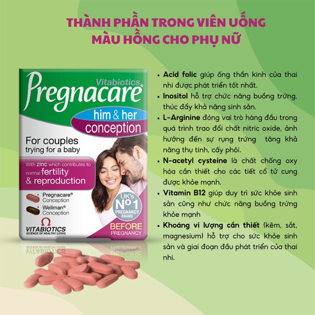 Viên uống tăng khả năng thụ thai Pregnacare Him & Her Conception Vitabiotics cho vợ và chồng hộp 60 viên của Anh Quốc