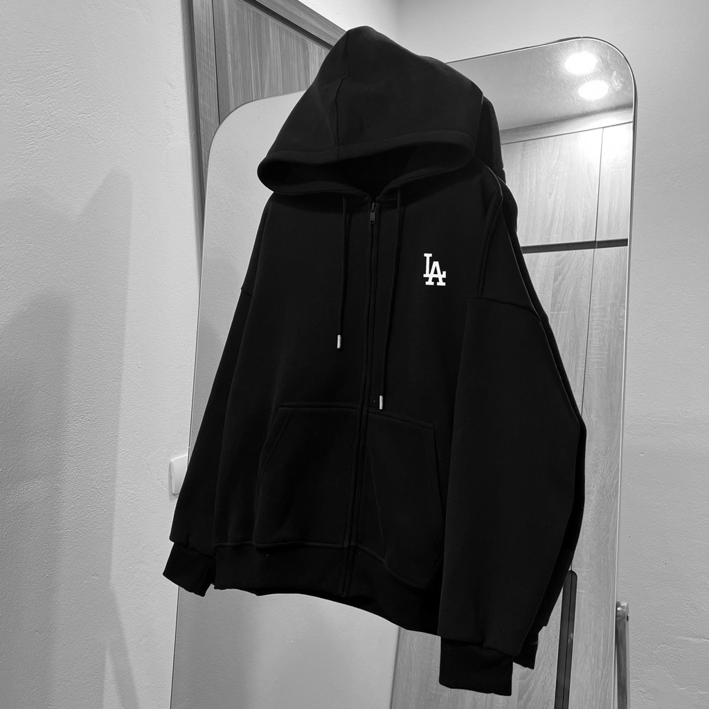 Áo hoodie zip nam nữ In chữ LA Trước ngực áo khoác hoodie zip loại nỉ bông, form rộng vải dày dặn bền bỉ màu đen xám P&T