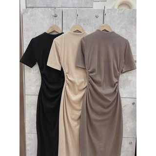 Đầm tăm mềm mịn body co giãn_Đầm body cổ tròn nhún eo siêu tôn dáng, 3 màu trẻ trung dễ mặc