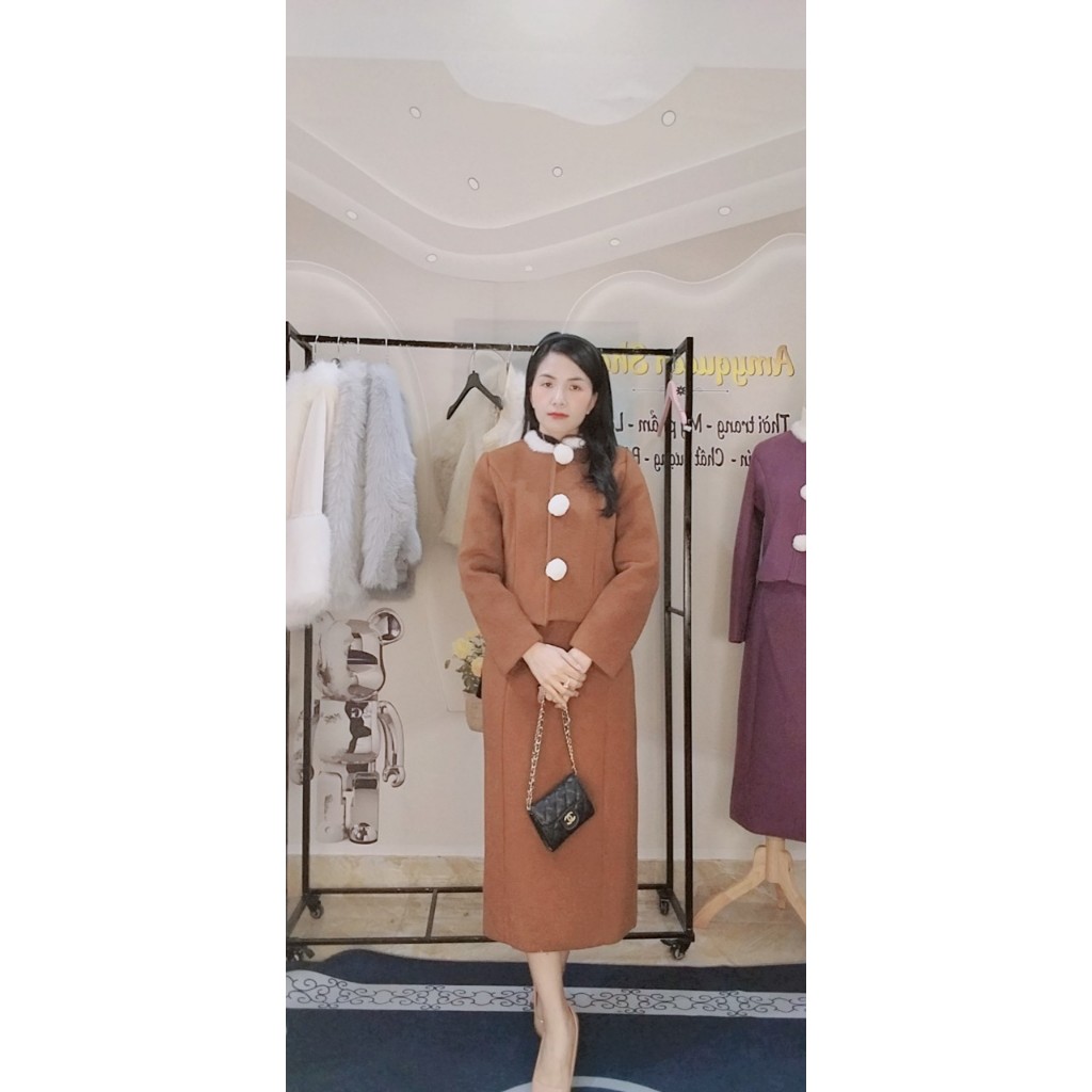 Set Áo và chân váy Dạ phối cổ lông hàng Quảng Châu cao cấp tôn dáng sang trọng