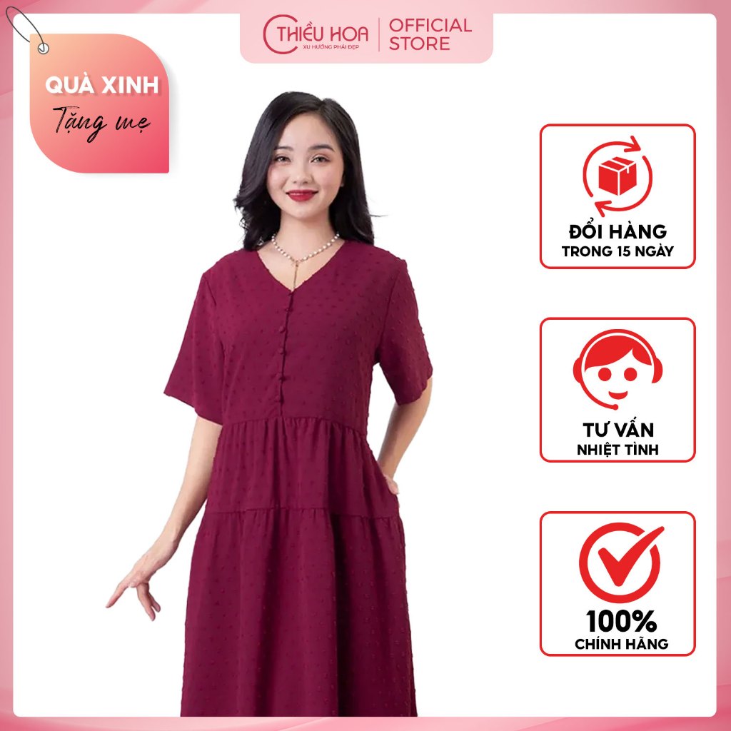 Đầm xây đắp cho nữ trung niên, vật liệu voan hạt cao cập, thiết kế đơn giản, dễ mặc thương hiệu Thiều Hoa DD2B0602