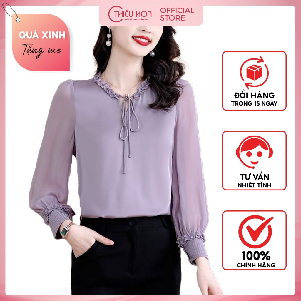 Áo kiểu trung niên, chất liệu voan chiffon mềm mại, cao cấp kiểu dáng thanh lịch thương hiệu Thiều Hoa AD3C0706