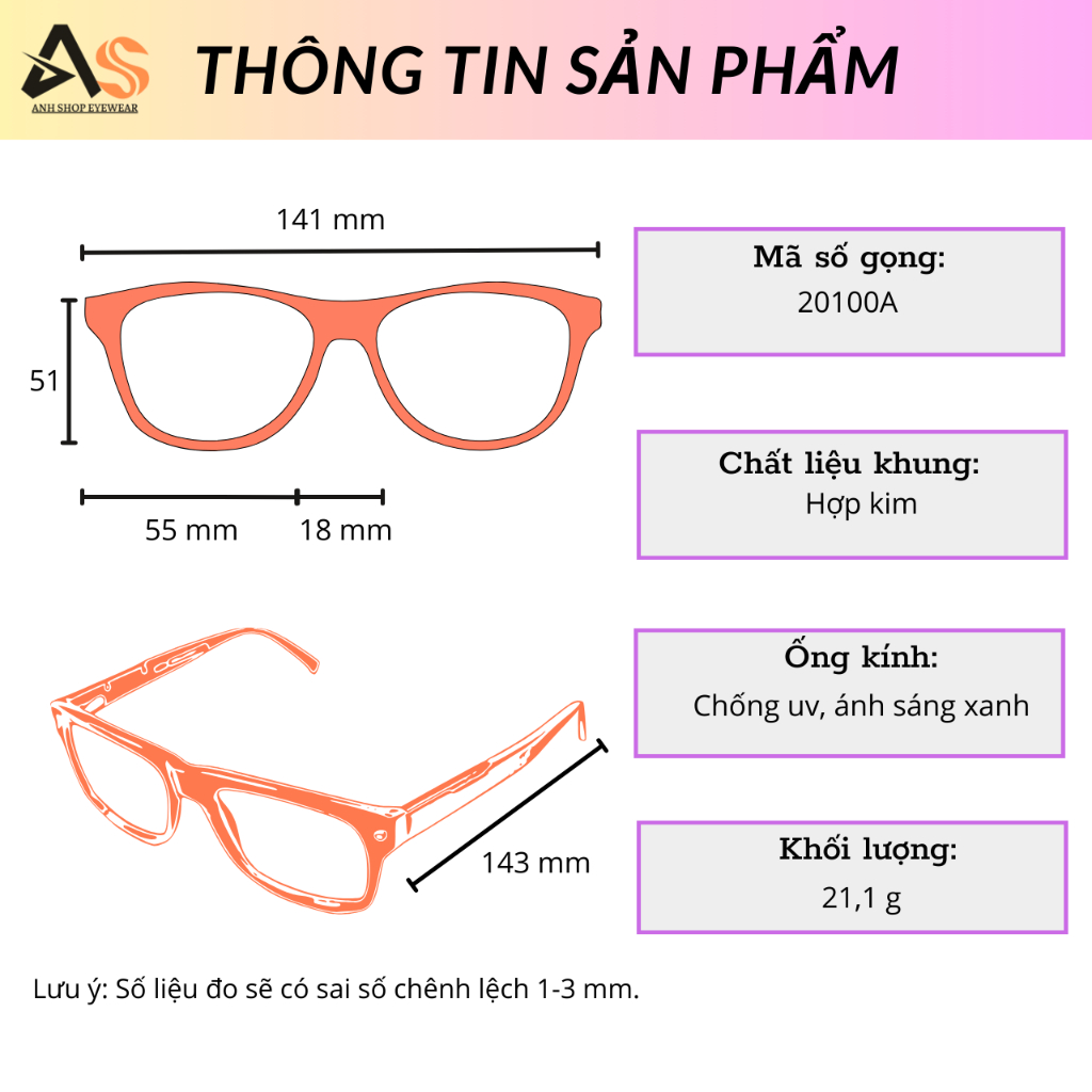 Kính vuông to thời trang kim loại 20100A