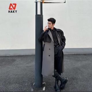 HK6 - Áo khoác măng tô kaki nam dáng dài HAKY phối màu phong cách Hàn Quốc, Áo mangto vải kaki cao cấp trẻ trung