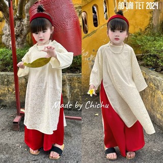 Áo dài cho bé gái dáng xuông chất liệu lụa mềm thiết kế 2 tà màu kem nhạt