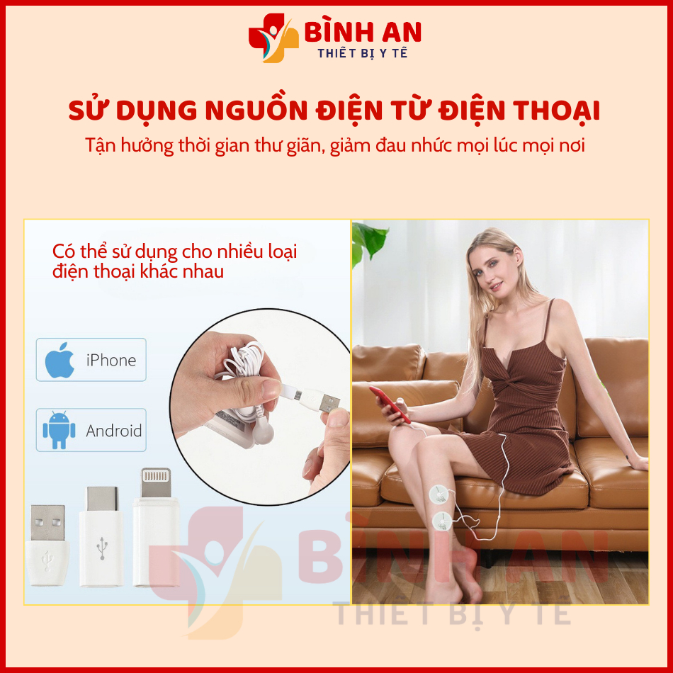 Máy massage xung điện trị liệu MS-20 sử dụng nguồn điện của điện thoại, 6 chế độ - 9 cường độ xung điện