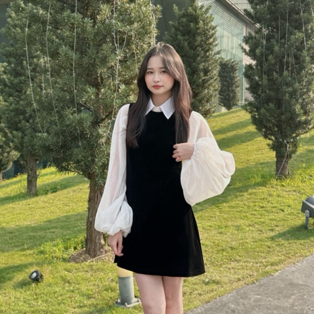 Set áo sơ mi tơ bồng mix yếm nhung đen